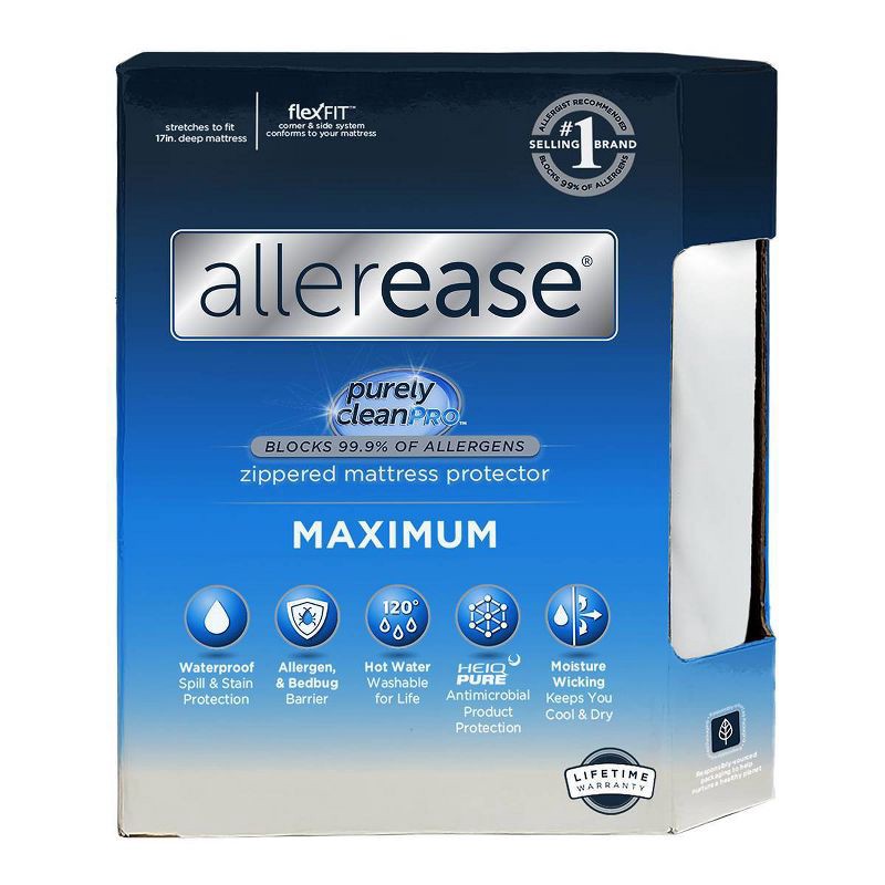 slide 1 of 6, Allerease Queen Maximum Waterproof Allergy and Bedbug Protection Zippered Mattress Protector: Hypoallergenic, Twill Fabric, Fits 17" Depth, 1 ct