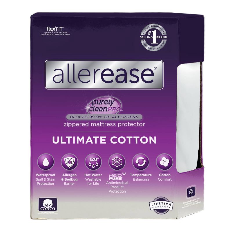 slide 1 of 6, Allerease Queen Ultimate Cotton Waterproof Allergen and Bedbug Barrier Zippered Mattress Protector: Hypoallergenic Encasement, 1 ct