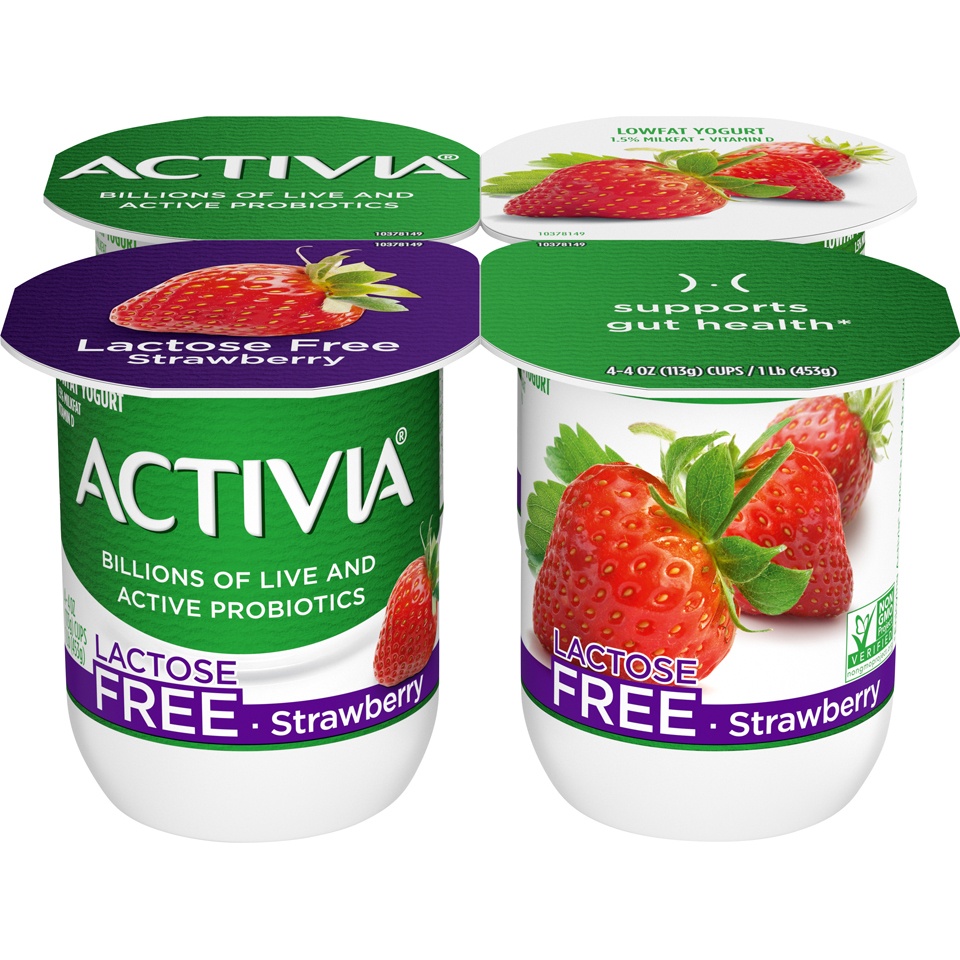 slide 2 of 5, Dannon Activia Lactose-free Blended Strawberry Probiotic Yogurt, 4 ct; 4 oz
