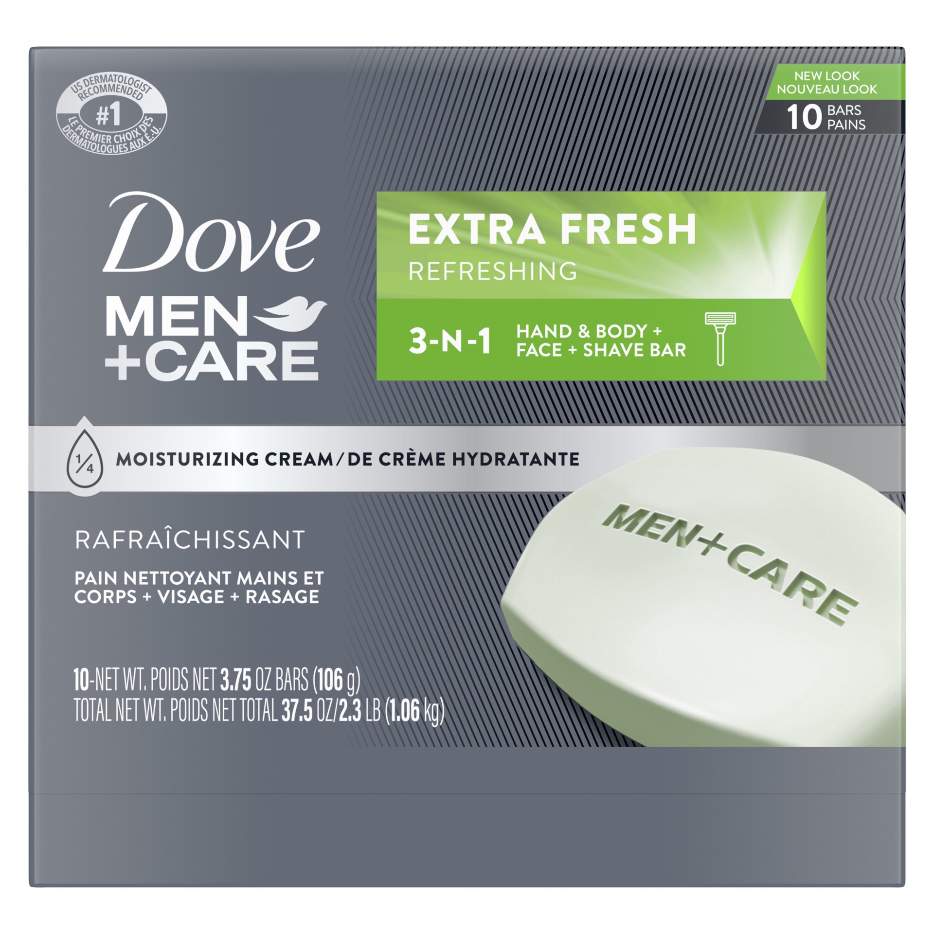 slide 3 of 4, Dove Men+Care Bar 3 in 1 Cleanser for Body, Face, and Shaving Extra Fresh, 3.75 oz, 10 Bars , 3.75 oz