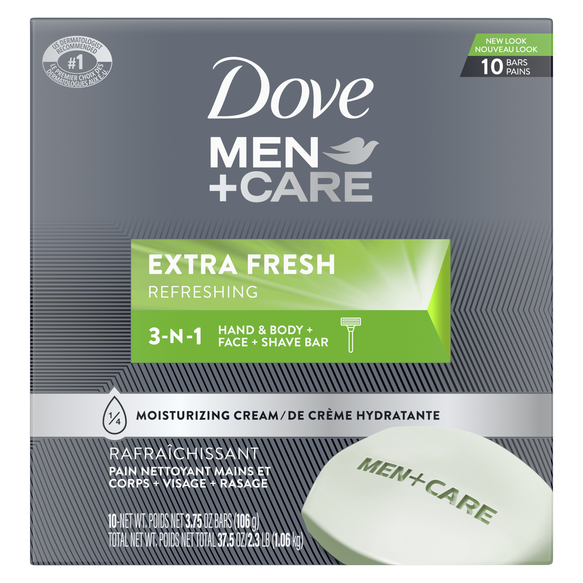 slide 4 of 4, Dove Men+Care Bar 3 in 1 Cleanser for Body, Face, and Shaving Extra Fresh, 3.75 oz, 10 Bars , 3.75 oz