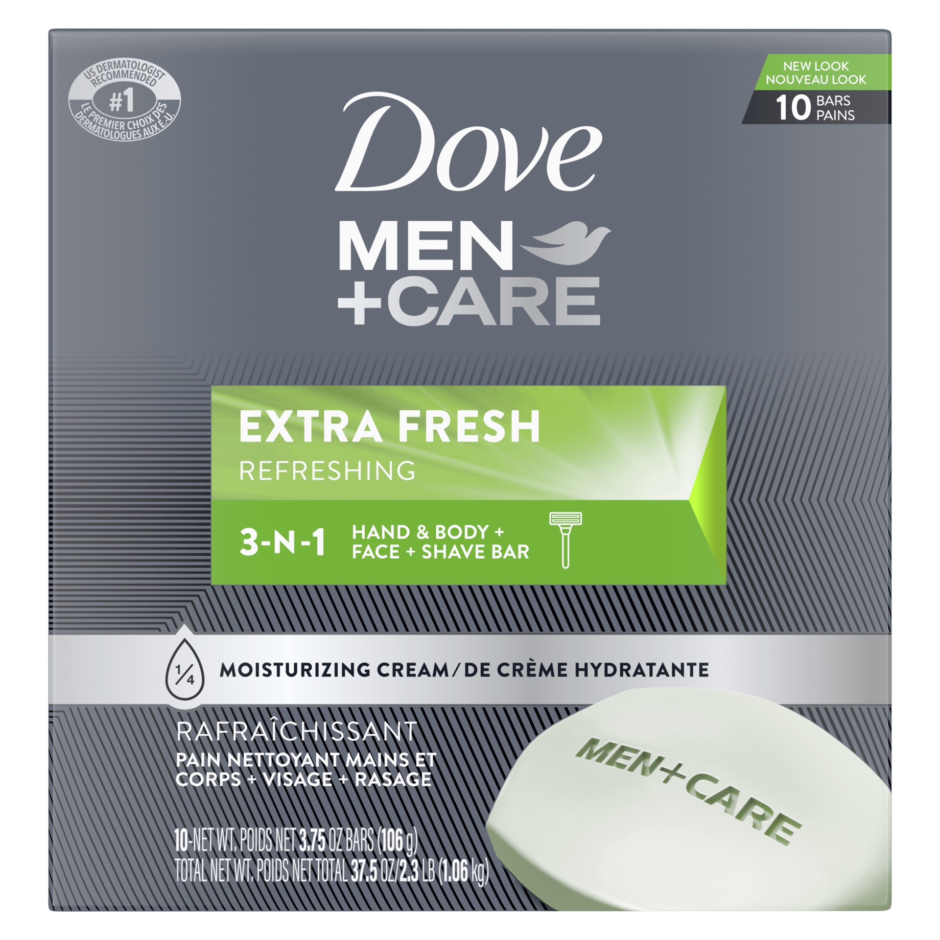 slide 1 of 4, Dove Men+Care Bar 3 in 1 Cleanser for Body, Face, and Shaving Extra Fresh, 3.75 oz, 10 Bars , 3.75 oz