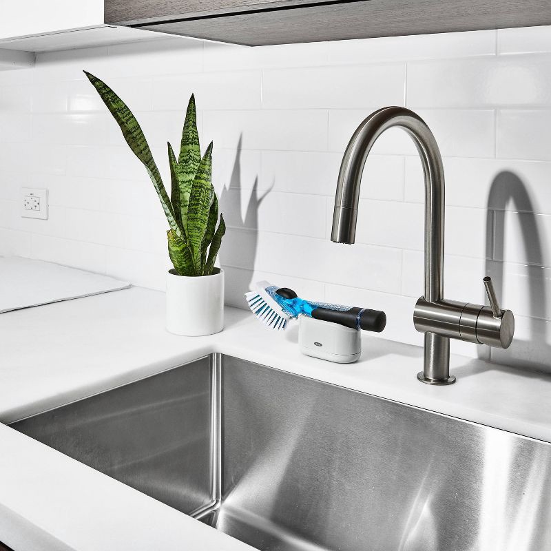 slide 11 of 11, OXO Soap Dispensing Dish Brush Storage Set: Nylon Scrub Brush for Multi-Surface Cleaning, Black, 1 ct