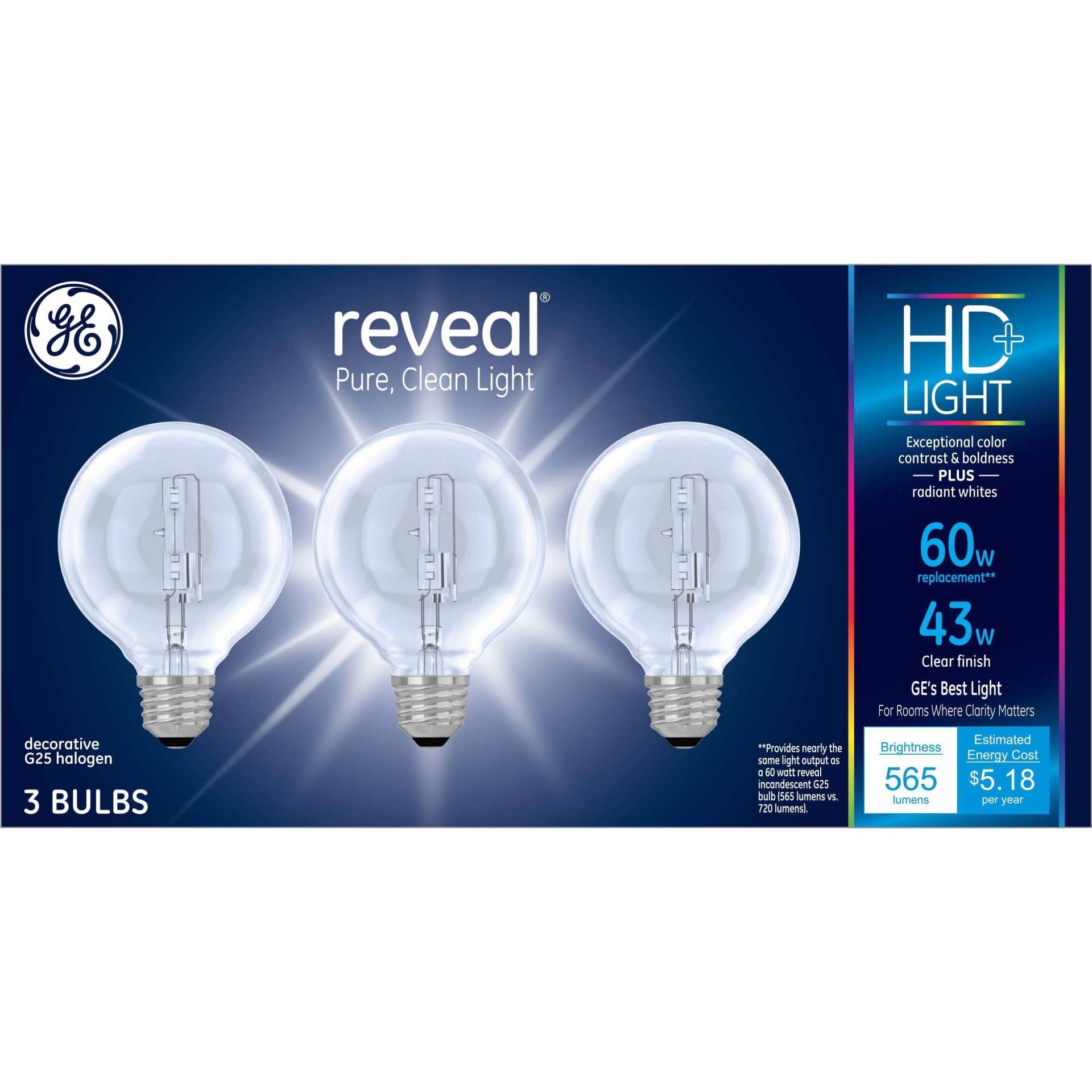 slide 1 of 4, GE Household Lighting General Electric 3pk 43W (60W Equivalent) Reveal HD+ Light Globe Bulbs Clear, 3 ct