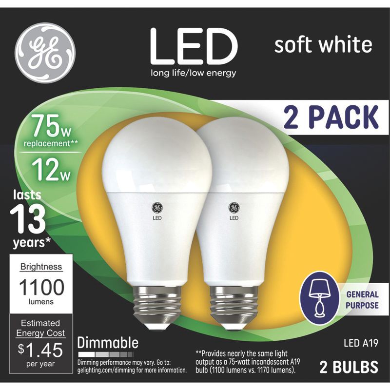 slide 1 of 5, GE Household Lighting GE 2pk 75W A19 LED Light Bulbs Soft White: Dimmable, Energy Star Certified, 1100 Lumens, 13.7-Year Life, E26 Base, 2 ct