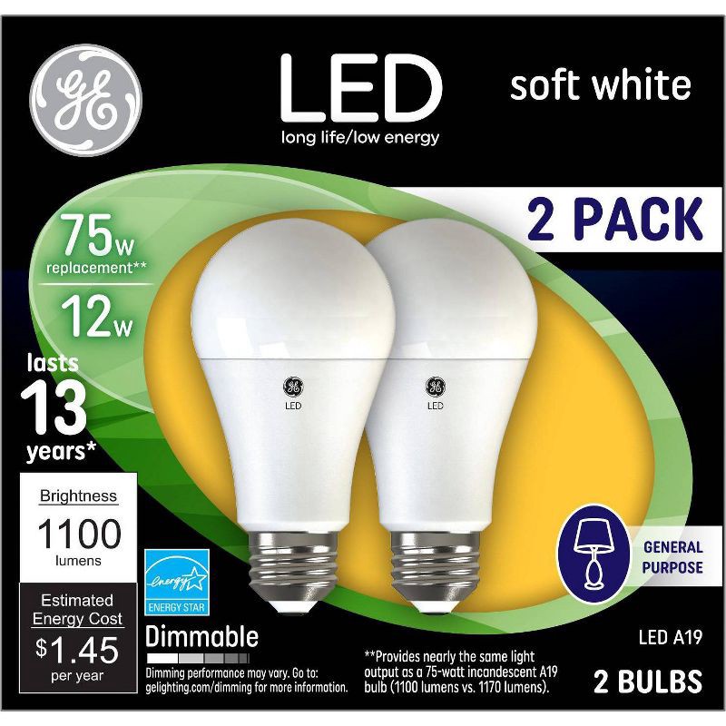 slide 4 of 5, GE Household Lighting GE 2pk 75W A19 LED Light Bulbs Soft White: Dimmable, Energy Star Certified, 1100 Lumens, 13.7-Year Life, E26 Base, 2 ct