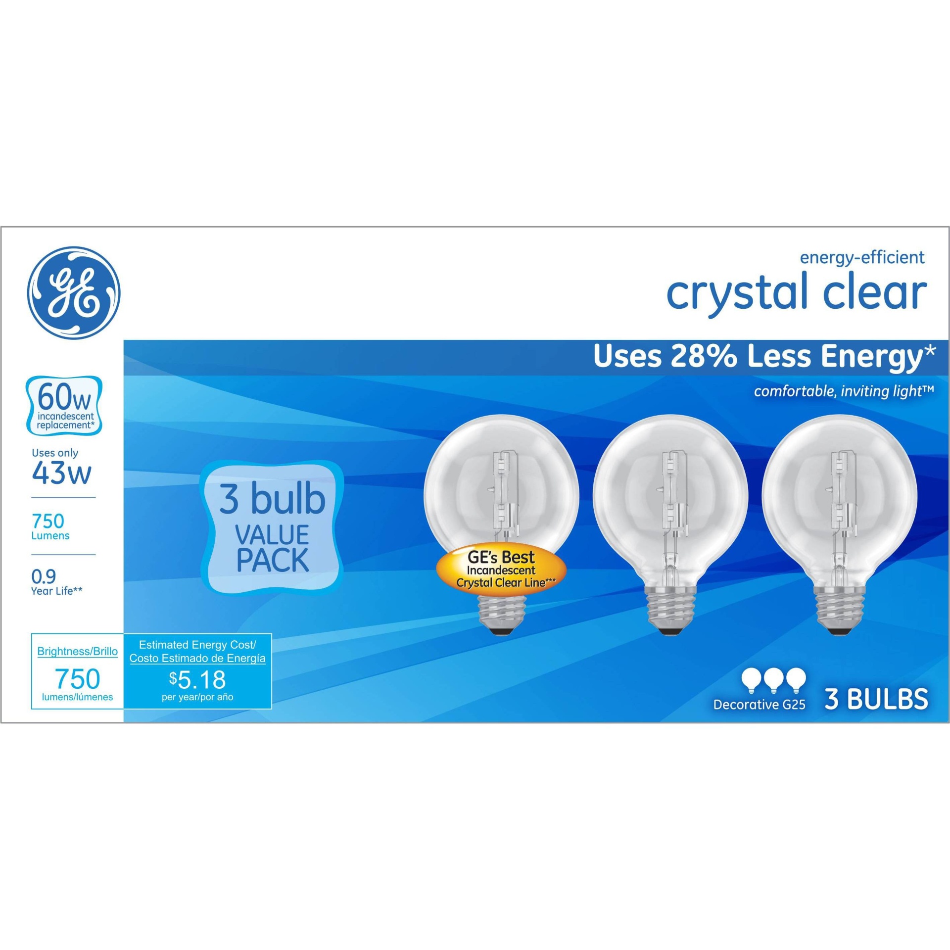 slide 1 of 3, GE Household Lighting GE 60w 3pk G25 Energy Efficient Halo Light Bulb White/Clear, 3 ct
