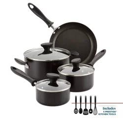 Farberware Reliance 12pc Nonstick Aluminum Cookware Set with Prestige Tools Black: Pot & Pan Set, Even-Heating, Dishwasher-Safe