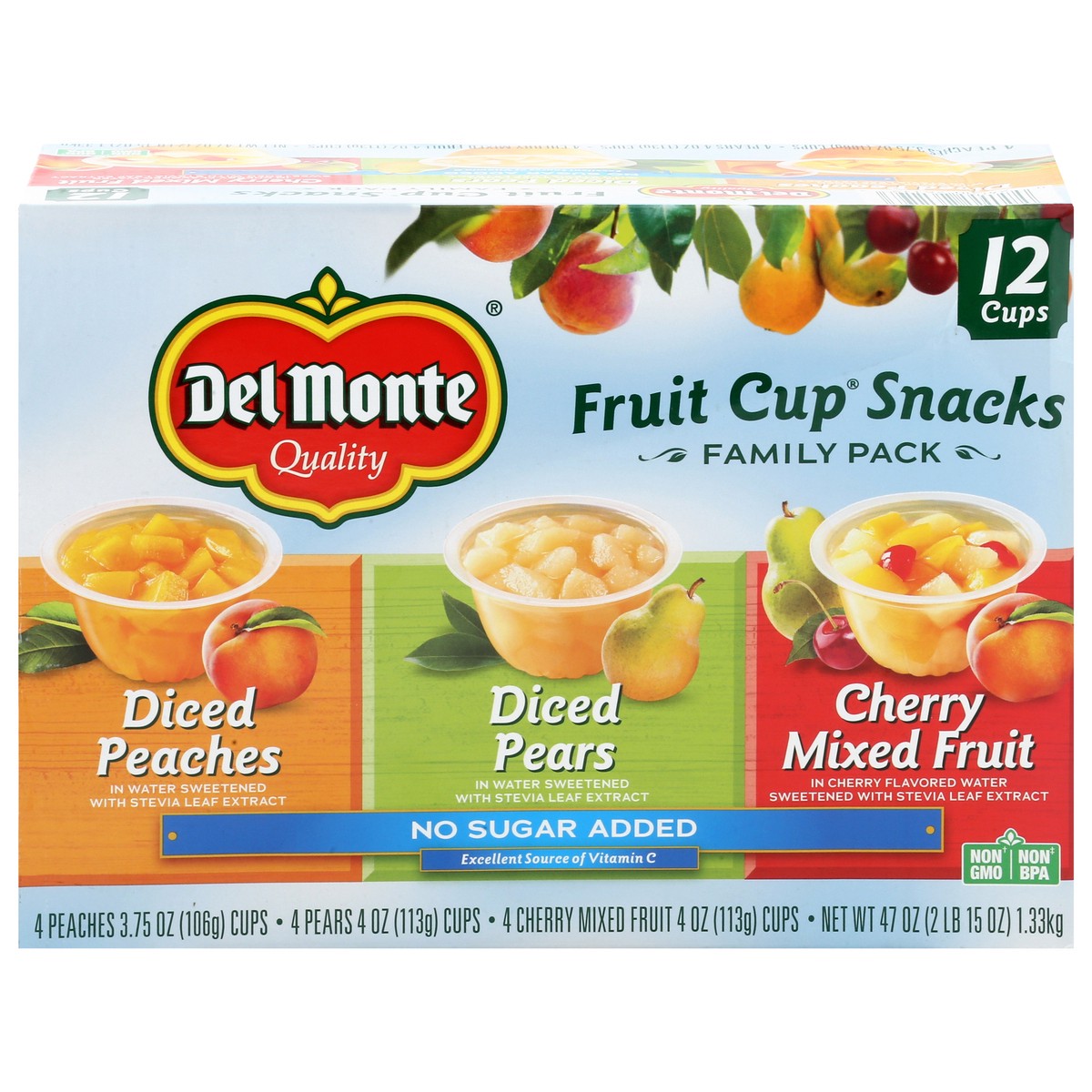 slide 1 of 14, Del Monte No Sugar Added Diced Peaches/Diced Pears/Cherry Mixed Fruit Fruit Cups Snacks Family Pack 12 Cups, 12 ct