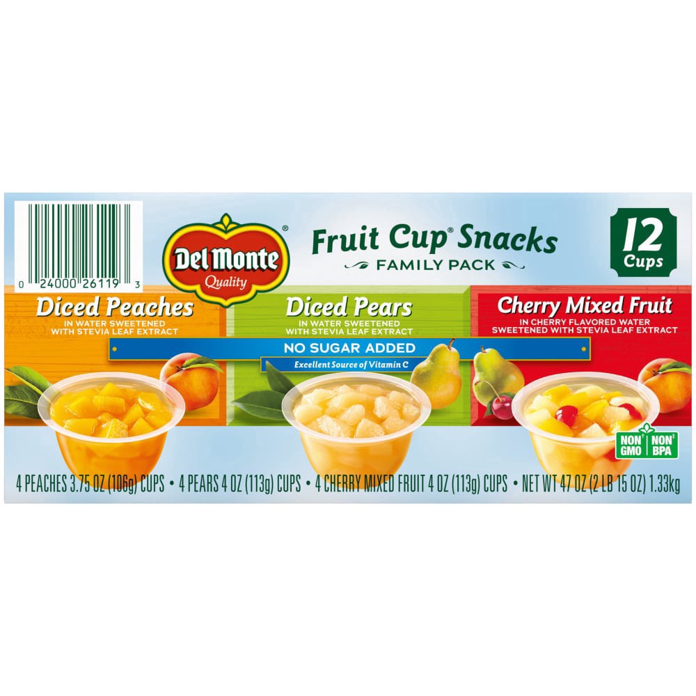 slide 1 of 1, Del Monte No Sugar Added Diced Peaches/Diced Pears/Cherry Mixed Fruit Fruit Cups Snacks Family Pack 12 Cups, 12 ct