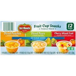 Del Monte No Sugar Added Diced Peaches/Diced Pears/Cherry Mixed Fruit Fruit Cups Snacks Family Pack 12 Cups
