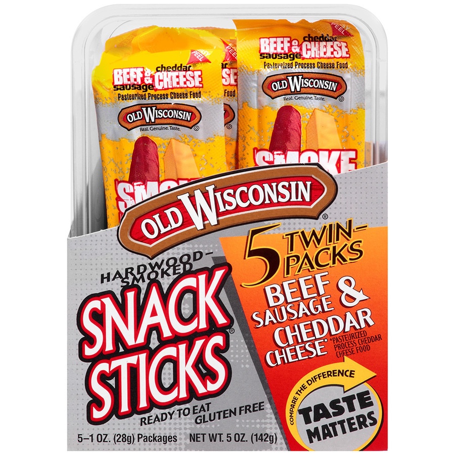 slide 1 of 1, Old Wisconsin Hardwood Smoked Snack Sticks - Beef, Sausage, & Cheddar Cheese, 5 oz