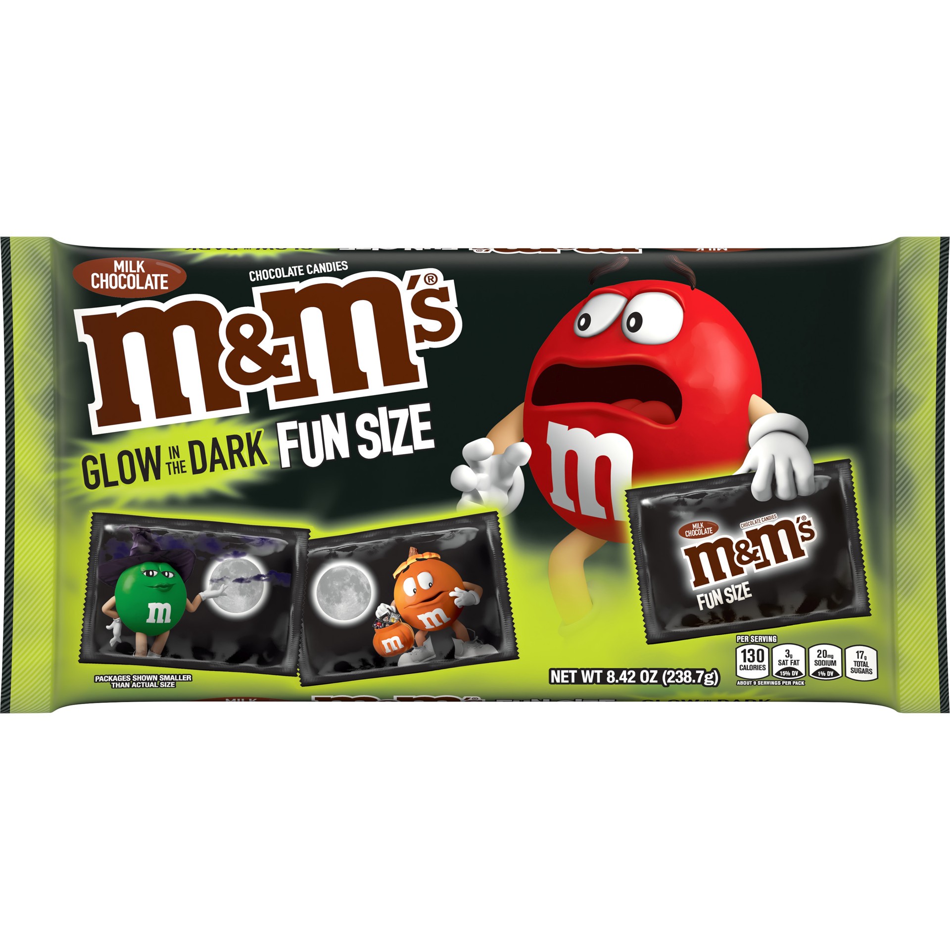 slide 1 of 5, M&M's Milk Chocolate Fun Size Glow In The Dark Trick Or Treat Halloween Packs, 8.42oz, 8.42 oz