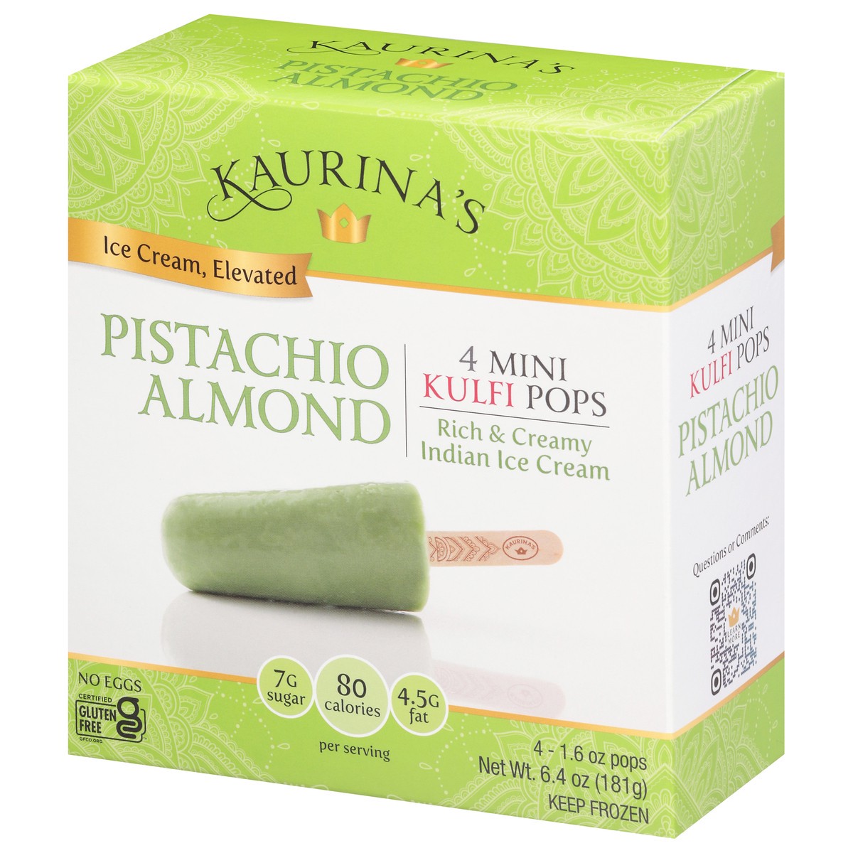 slide 6 of 14, Kaurina's Indian Ice Cream Pistachio Almond Mini Kulfi Pops 4 - 1.6 oz Each, 4 ct
