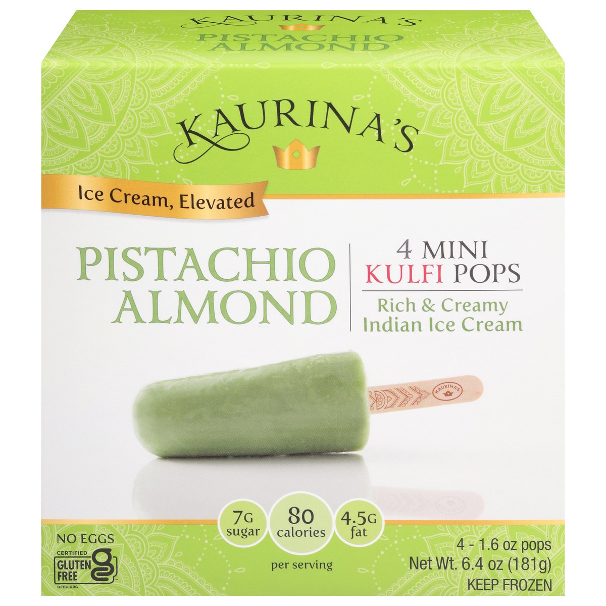slide 1 of 14, Kaurina's Indian Ice Cream Pistachio Almond Mini Kulfi Pops 4 - 1.6 oz Each, 4 ct