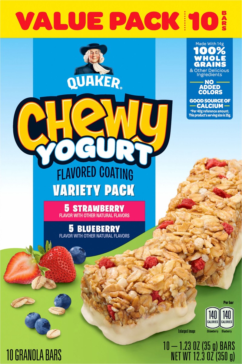 slide 6 of 6, Quaker Granola Bars, Strawberry/Blueberry, Yogurt Flavored Coating, Variety Pack, Value Pack - 10 ct, 10 ct