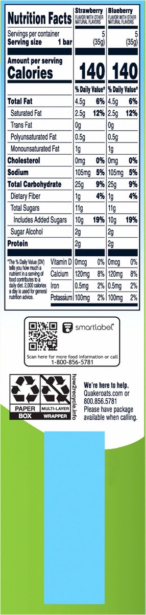 slide 4 of 6, Quaker Granola Bars, Strawberry/Blueberry, Yogurt Flavored Coating, Variety Pack, Value Pack - 10 ct, 10 ct