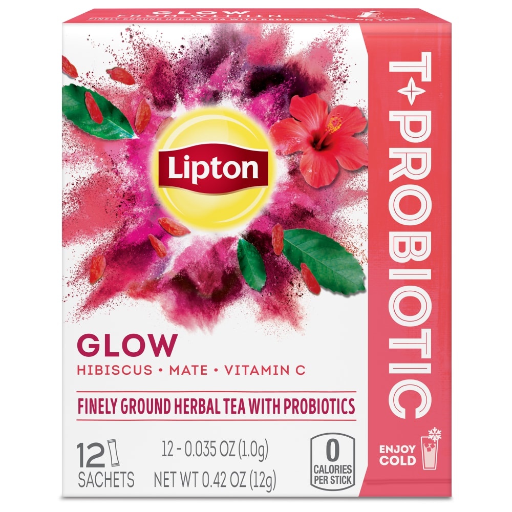 slide 1 of 1, Lipton T Probiotic Glow Hibiscus Mate Vitamin C Finely Ground Herbal Tea With Probiotics 12 Count, 0.42 oz