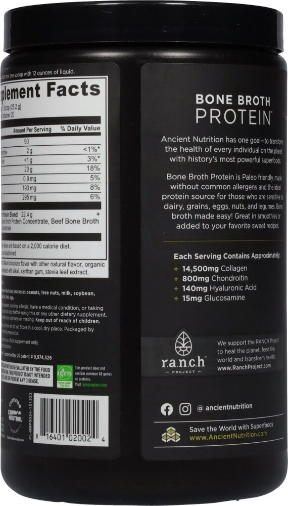 slide 2 of 3, Ancient Nutrition Chocolate Bone Broth Protein, 17.8 oz