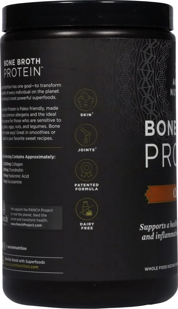 slide 3 of 3, Ancient Nutrition Chocolate Bone Broth Protein, 17.8 oz