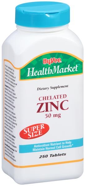 slide 1 of 1, Hy-Vee HealthMarket Chelated Zinc Dietary Supplement, 250 ct; 50 mg