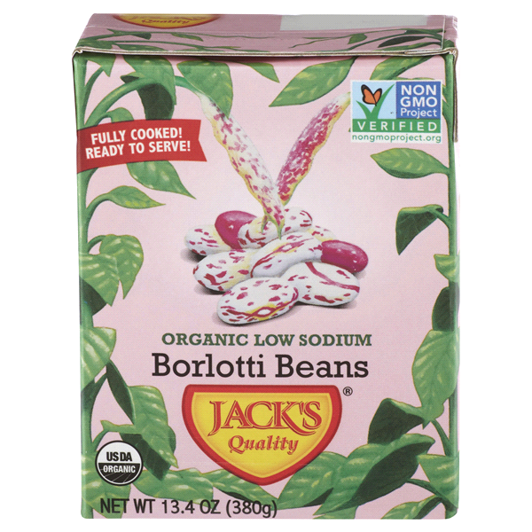 slide 1 of 1, Jack's Organic Low Sodium Borlotti Beans, 13.4 oz