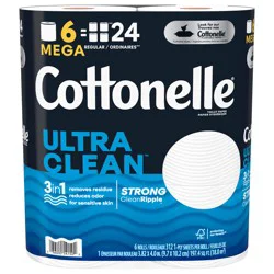 Cottonelle Ultra Clean Toilet Paper, Strong Toilet Tissue, 6 Mega Rolls (6 Mega Rolls = 24 Regular Rolls), 312 Sheets per Roll