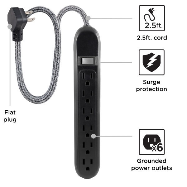 slide 4 of 7, Cordinate 60083 6-Outlet Surge Protector, 2.5', Black, 1 ct