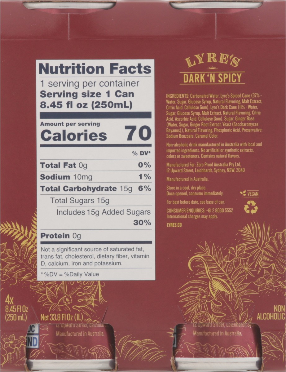 slide 11 of 14, Lyre's Non-Alcoholic Dark 'N Spicy Cocktail 4 - 8.45 fl oz Cans, 4 ct