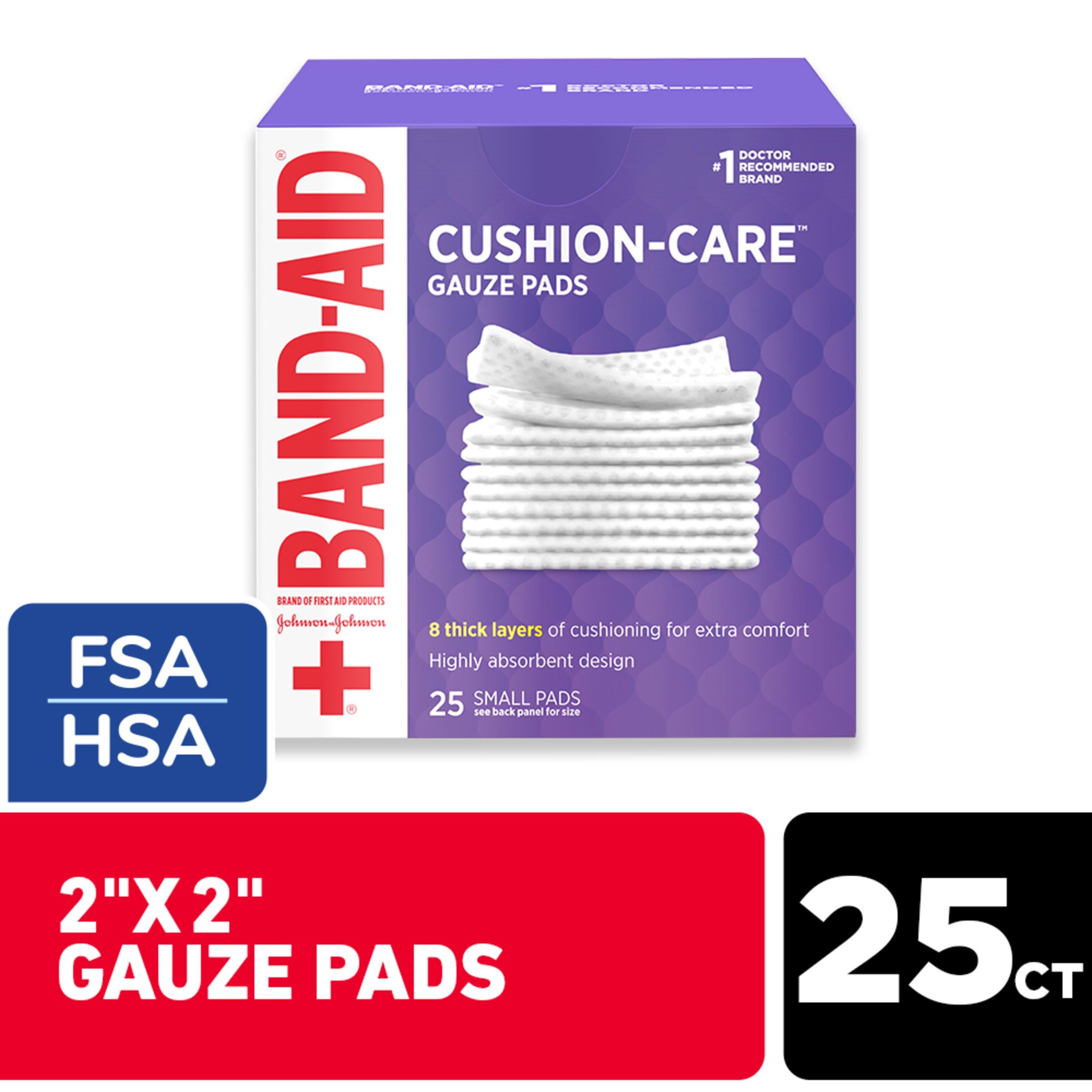 slide 1 of 7, BAND-AID Absorbent Cushion Care Sterile Square Gauze Pads for First Aid Protection of Minor Cut, Scrapes & Burns, Non-Adhesive, Wound Care Dressing Pads, Small, 2 in x 2 in, 25 ct, 25 ct