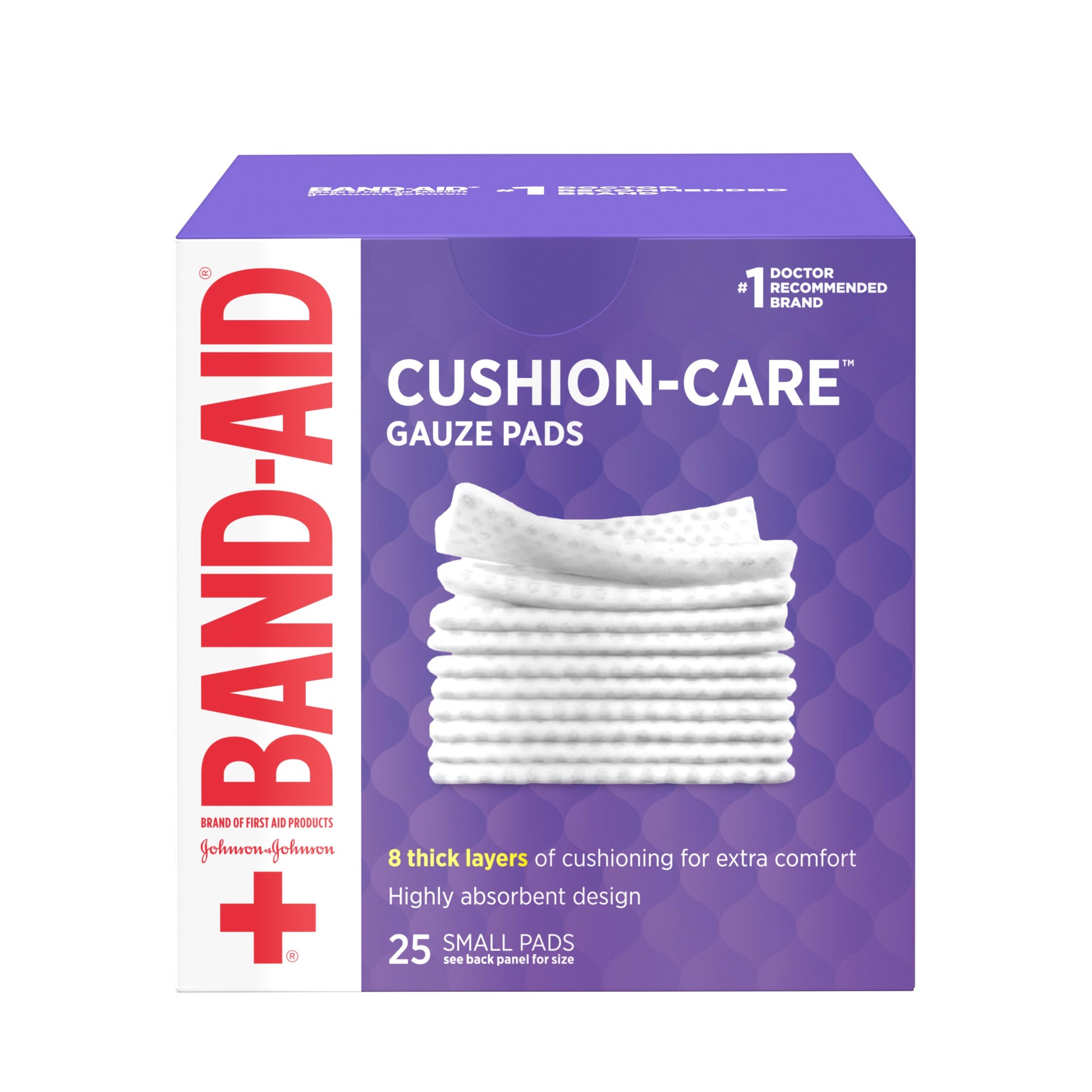 slide 1 of 7, BAND-AID Absorbent Cushion Care Sterile Square Gauze Pads for First Aid Protection of Minor Cut, Scrapes & Burns, Non-Adhesive, Wound Care Dressing Pads, Small, 2 in x 2 in, 25 ct, 25 ct