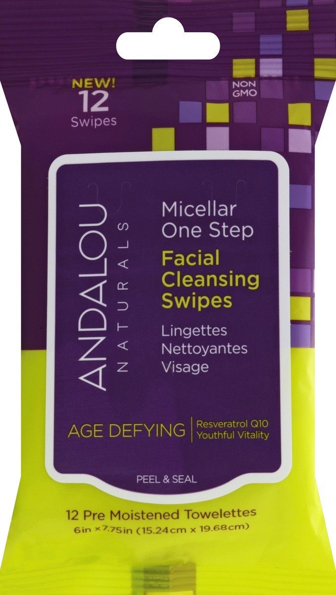 slide 2 of 2, Andalou Naturals Cleansing Swipes, Facial, Micellar One Step, 12 ct