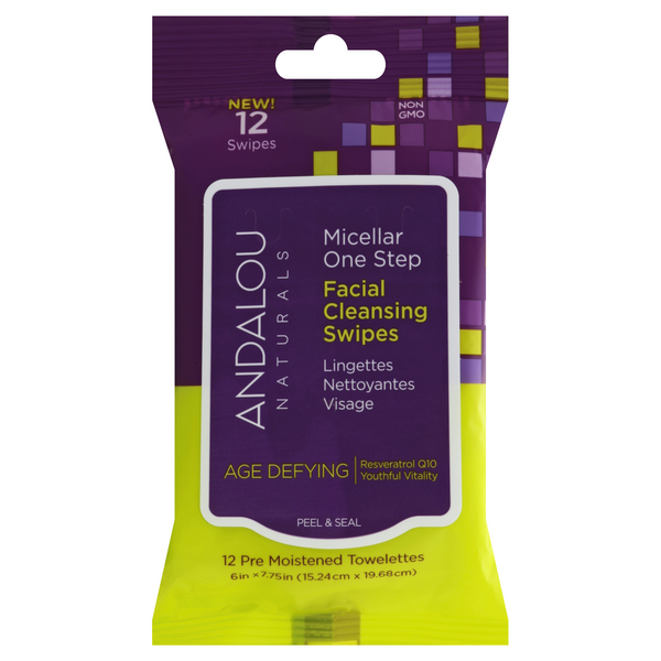 slide 1 of 2, Andalou Naturals Cleansing Swipes, Facial, Micellar One Step, 12 ct