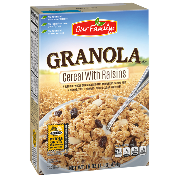 slide 1 of 1, Our Family Cereal Granola Oat Hny Rsn Nat, 16 oz