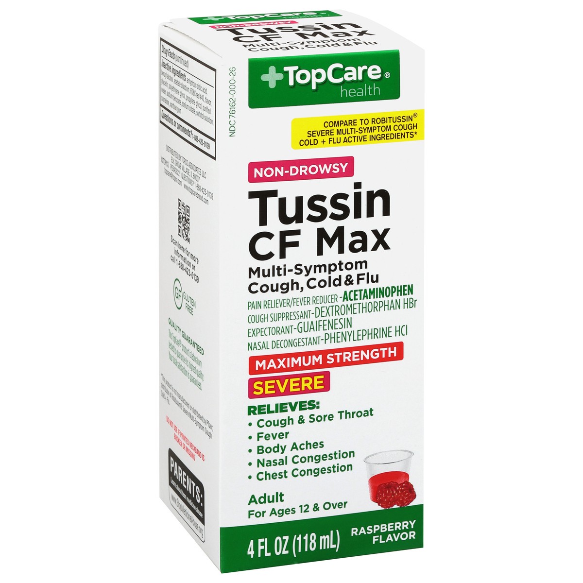 slide 2 of 10, TopCare Health Severe Non-Drowsy Maximum Strength Raspberry Flavor Tussin CF Max 4 fl oz, 4 fl oz