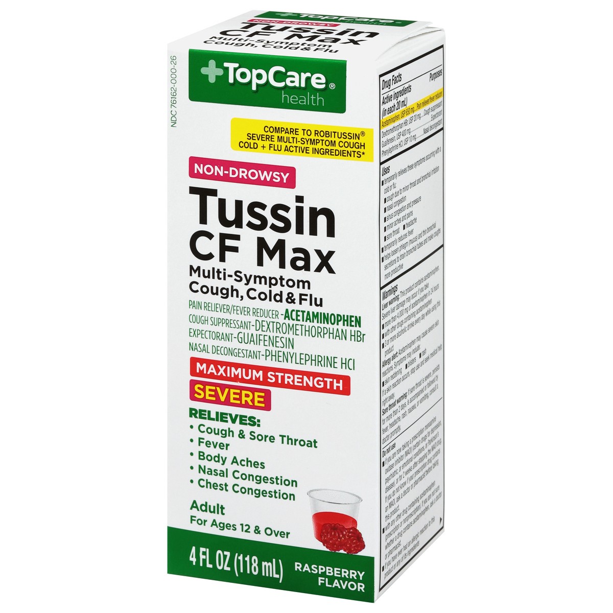 slide 3 of 10, TopCare Health Severe Non-Drowsy Maximum Strength Raspberry Flavor Tussin CF Max 4 fl oz, 4 fl oz