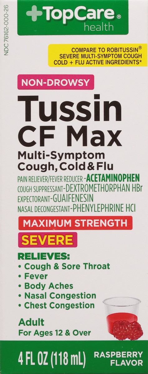 slide 8 of 10, TopCare Health Severe Non-Drowsy Maximum Strength Raspberry Flavor Tussin CF Max 4 fl oz, 4 fl oz