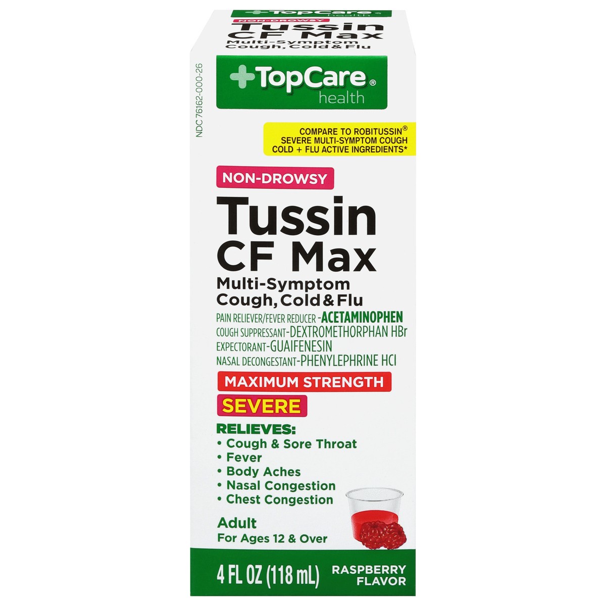 slide 10 of 10, TopCare Health Severe Non-Drowsy Maximum Strength Raspberry Flavor Tussin CF Max 4 fl oz, 4 fl oz