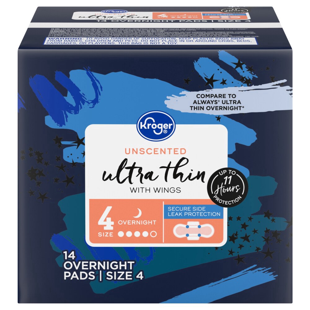 slide 1 of 1, Kroger® Ultra Thin with Wings Overnight Size 4 Unscented, 14 ct