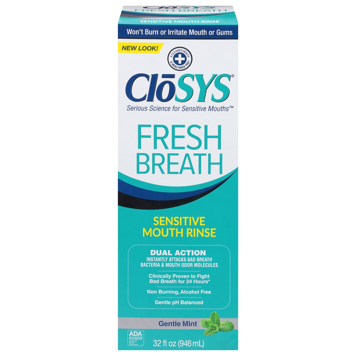 slide 1 of 9, CloSYS Dual Action Fresh Breath Sensitive Gentle Mint Mouth Rinse 32 fl oz, 32 fl oz