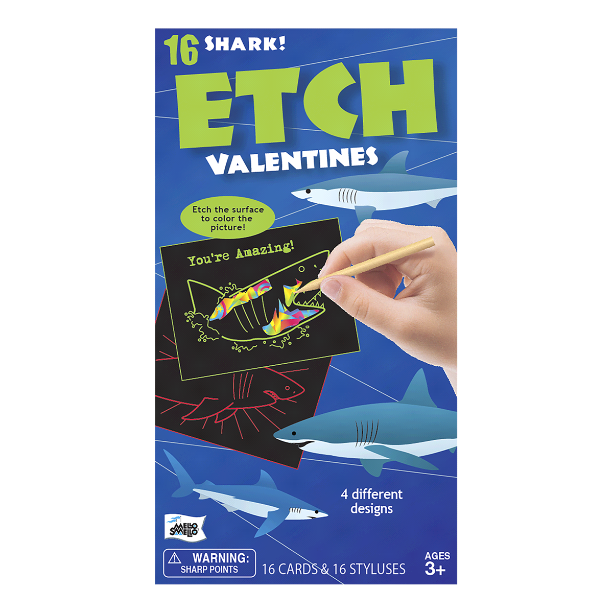 slide 1 of 1, Mello Smello Etch Shark Valentine Cards Kit, 16 ct