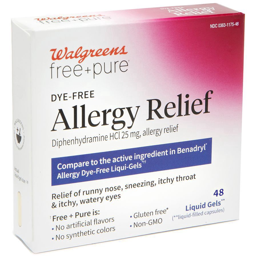 slide 4 of 4, Walgreens Free & Pure Dye-Free Allergy Relief Diphenhydramine Liquid Gels, 24 ct