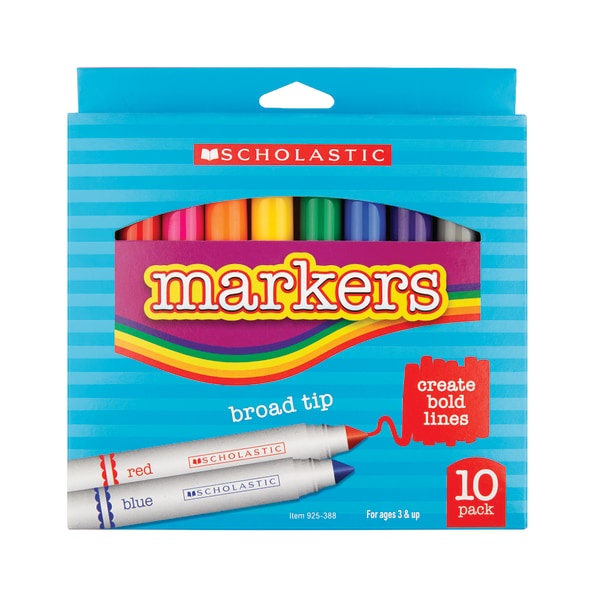 slide 1 of 1, Scholastic Markers, Broad Tip, Assorted Colors, Pack Of 10, 10 ct