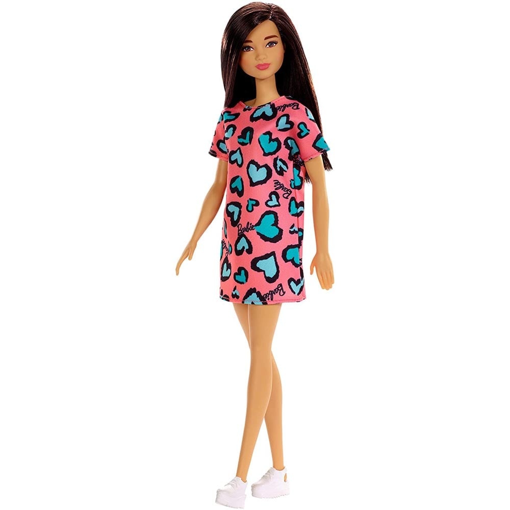 slide 1 of 1, Barbie Doll, Brunette, Wearing Pink And Blue Heart-Print Dress And Platform Sneakers, 1 ct