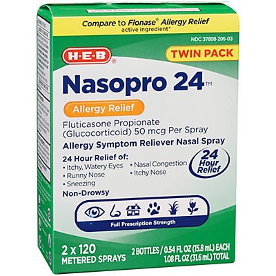 slide 1 of 1, H-E-B Nasopro 24 Allergy Relief Nasal Spray Twin Pack, 1.08 oz