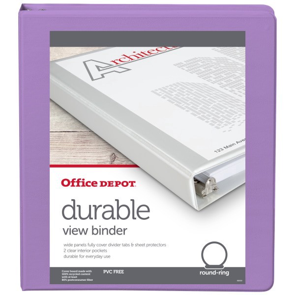 slide 2 of 5, Office Depot 3-Ring Durable View Binder, 1"" Round Rings, 49% Recycled, Purple, 1 ct