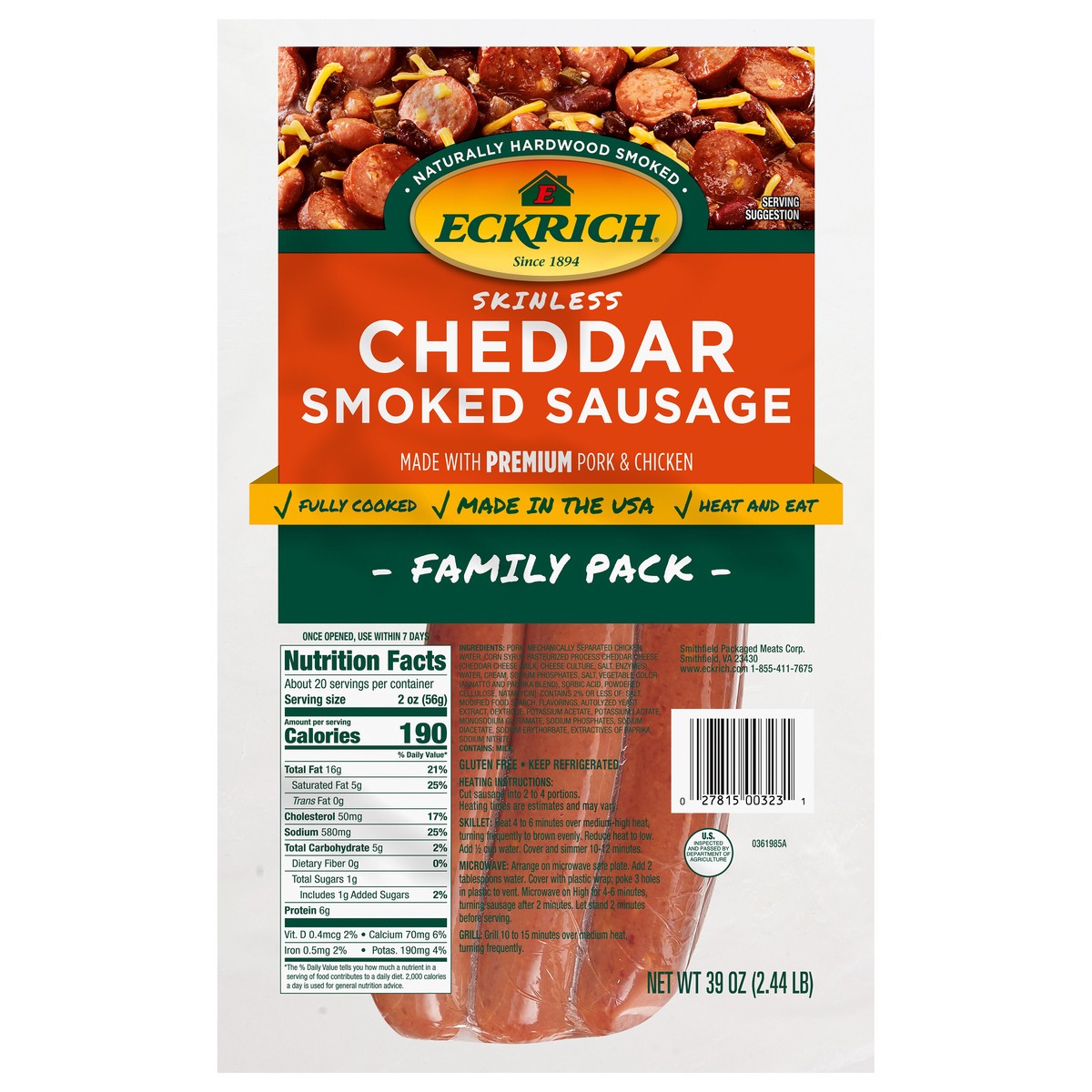 slide 1 of 7, Eckrich Cheddar Skinless Smoked Sausage, 39 oz, 39 oz
