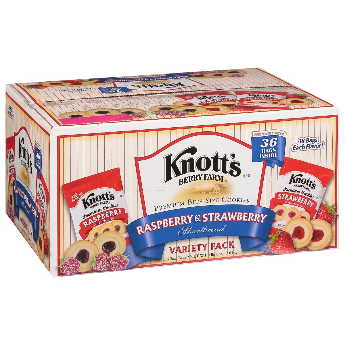 slide 4 of 4, Knott's Berry Farm Raspberry & Strawberry Shortbread Premium Bite-Size Cookies Variety Pack 36 - 2 oz Bags, 36 ct