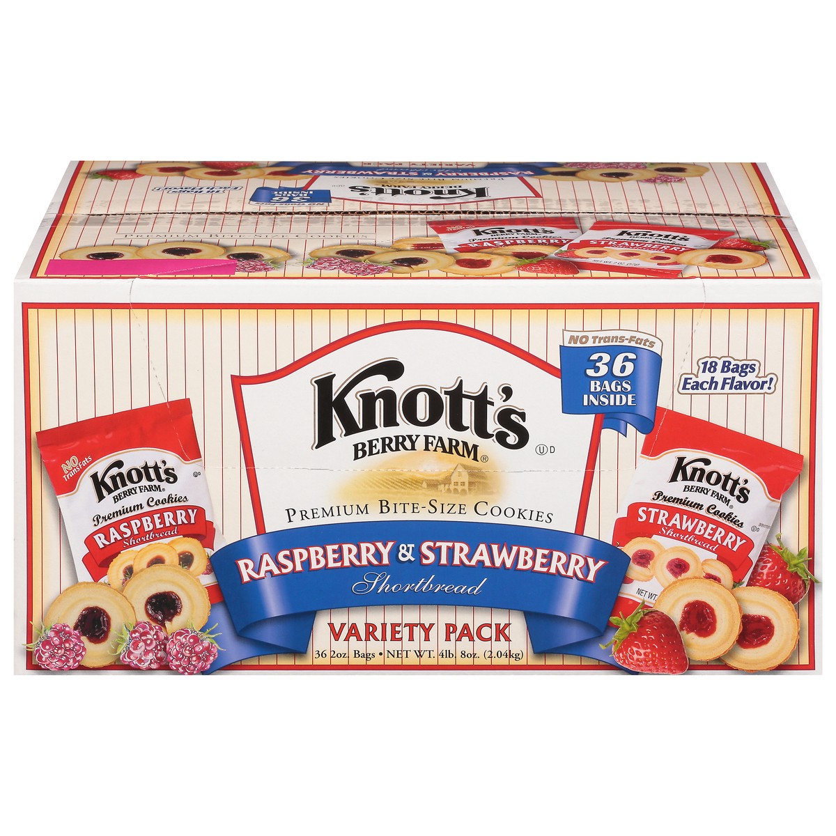 slide 1 of 4, Knott's Berry Farm Raspberry & Strawberry Shortbread Premium Bite-Size Cookies Variety Pack 36 - 2 oz Bags, 36 ct
