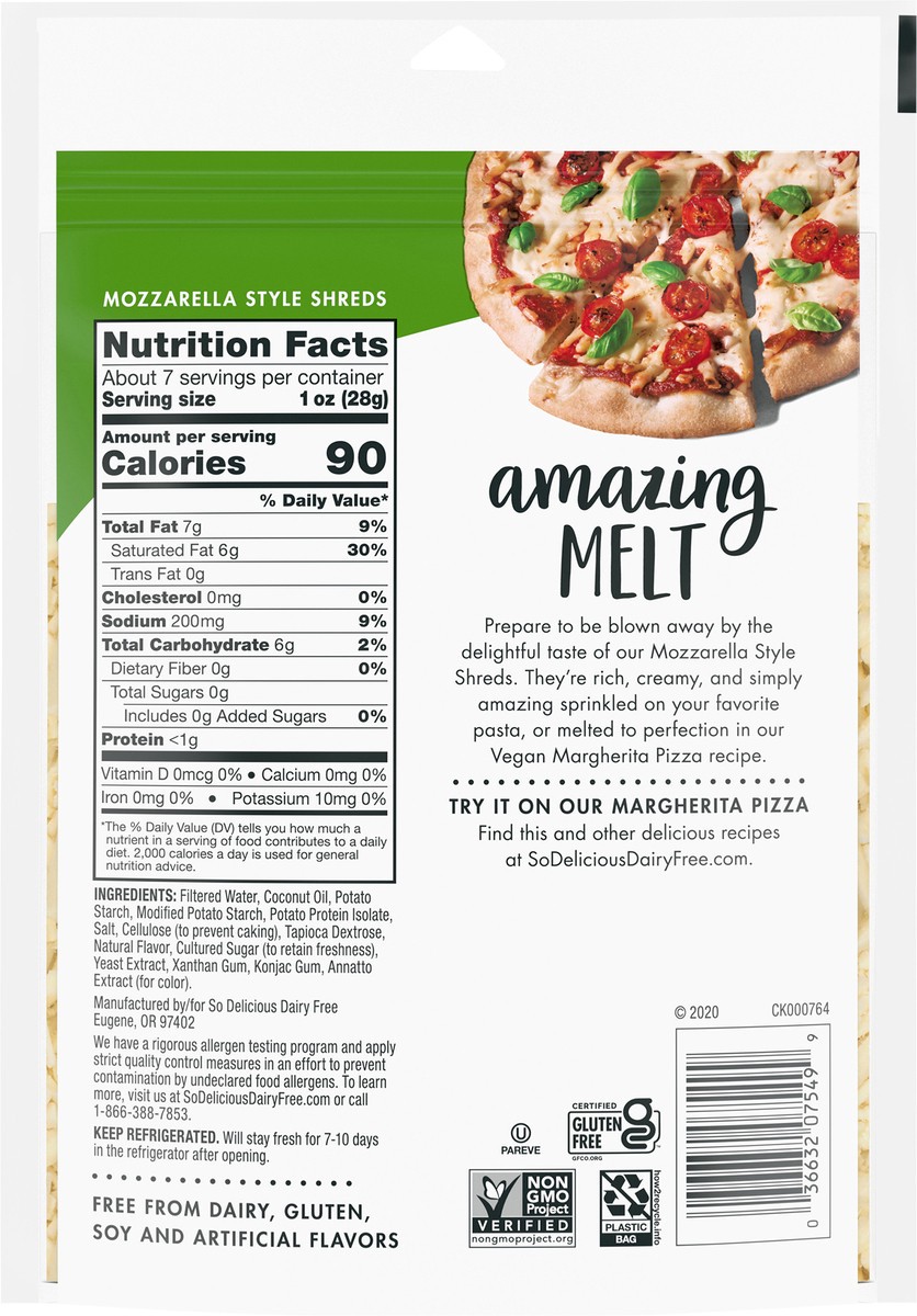 slide 6 of 9, So Delicious Dairy Free Mozzarella Style Shreds, 7.1 oz. Bag, Vegan, Shredded Cheese Alternative, Non-GMO Project Verified, 7.1 oz